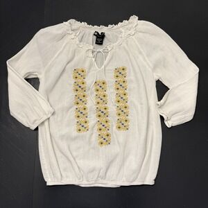 Women's Cotton White Embroidered Peasant Boho Top Shirt M Hippie Cottagecore